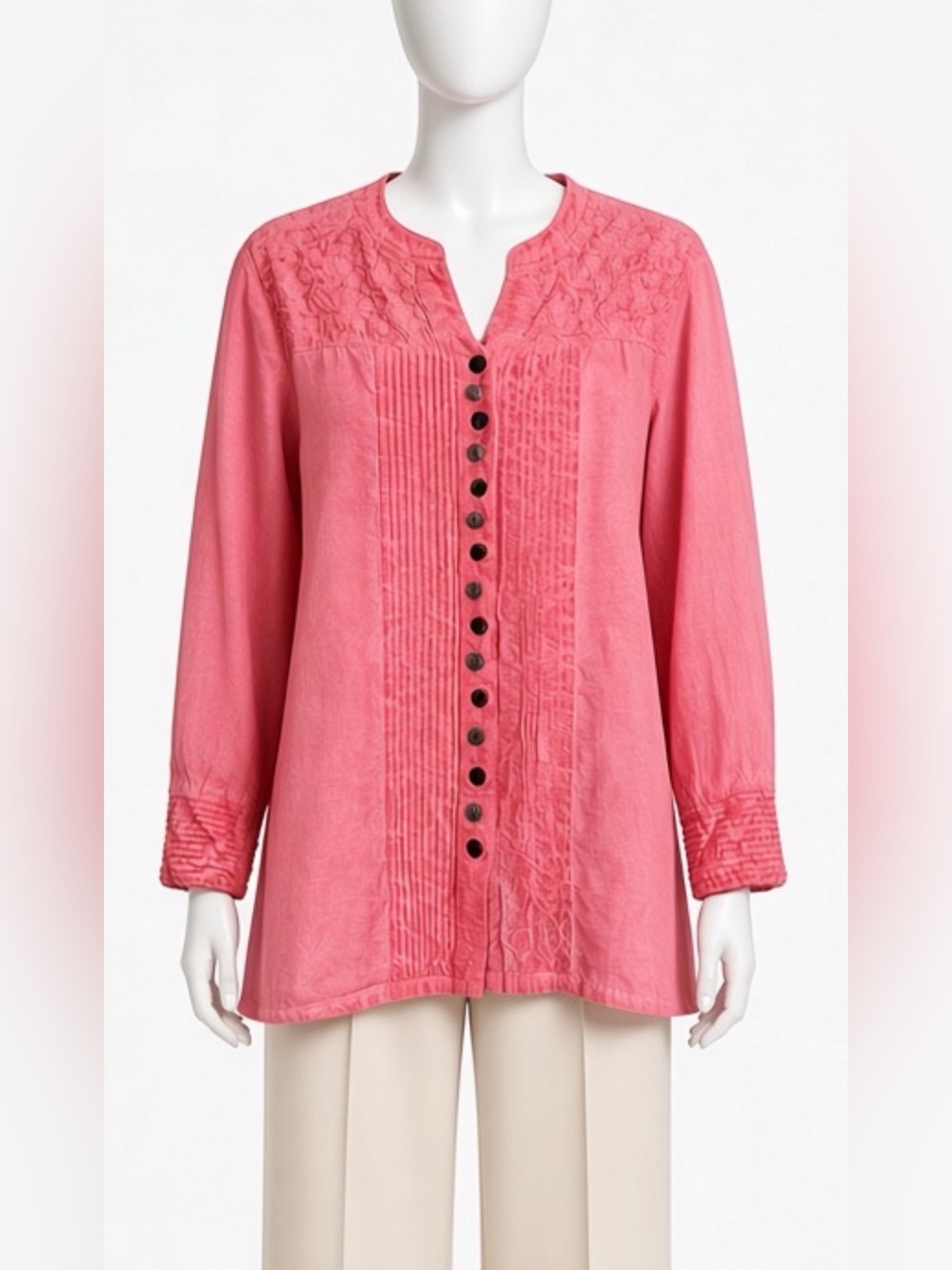 Parsley Sage Cotton Embroidered Tunic Blouse XL Coral Pink Lagenlook Mori Boho